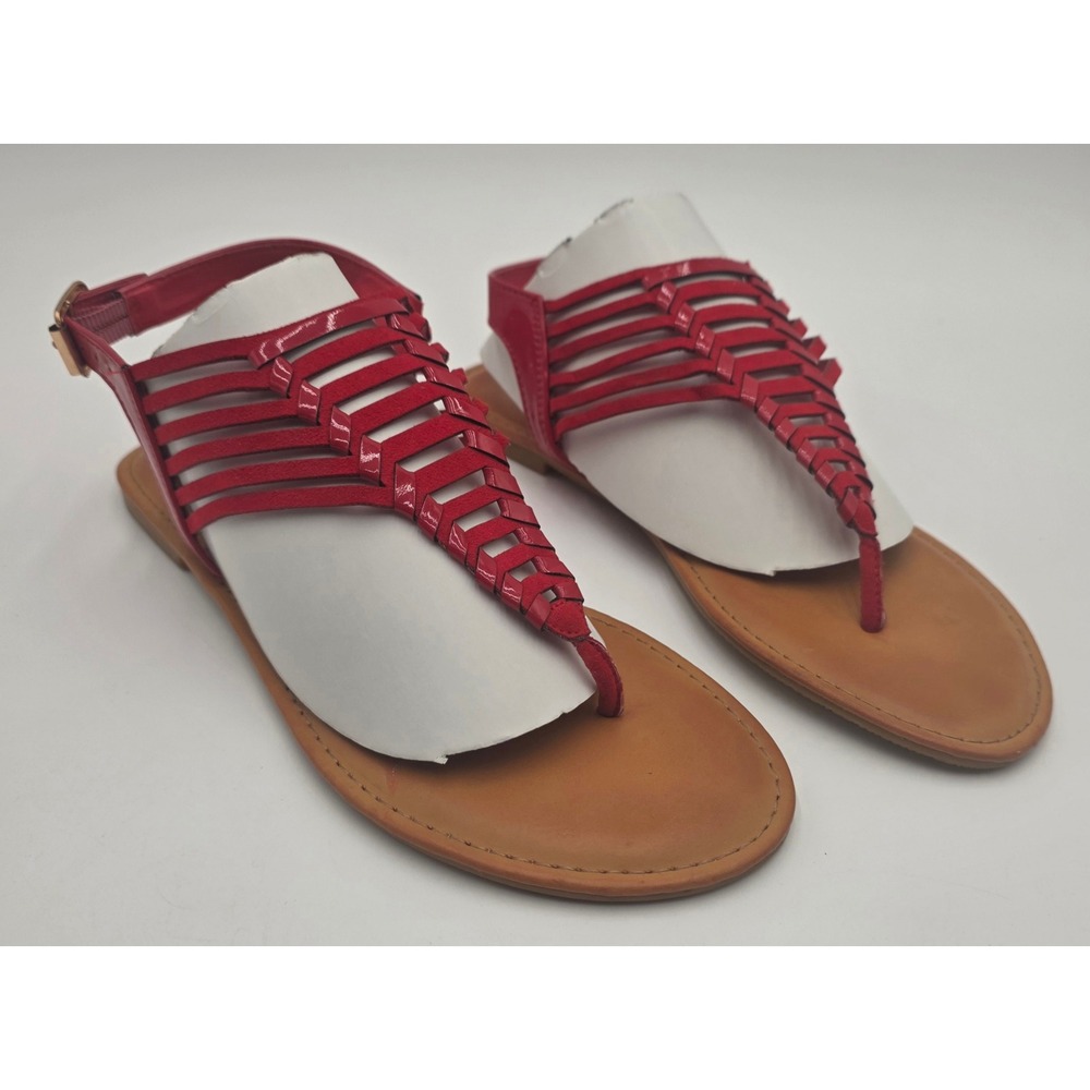 Rouge Helium Thrive-56 Red Cage Strappy Thong Flat Sandals Women's Size 9
